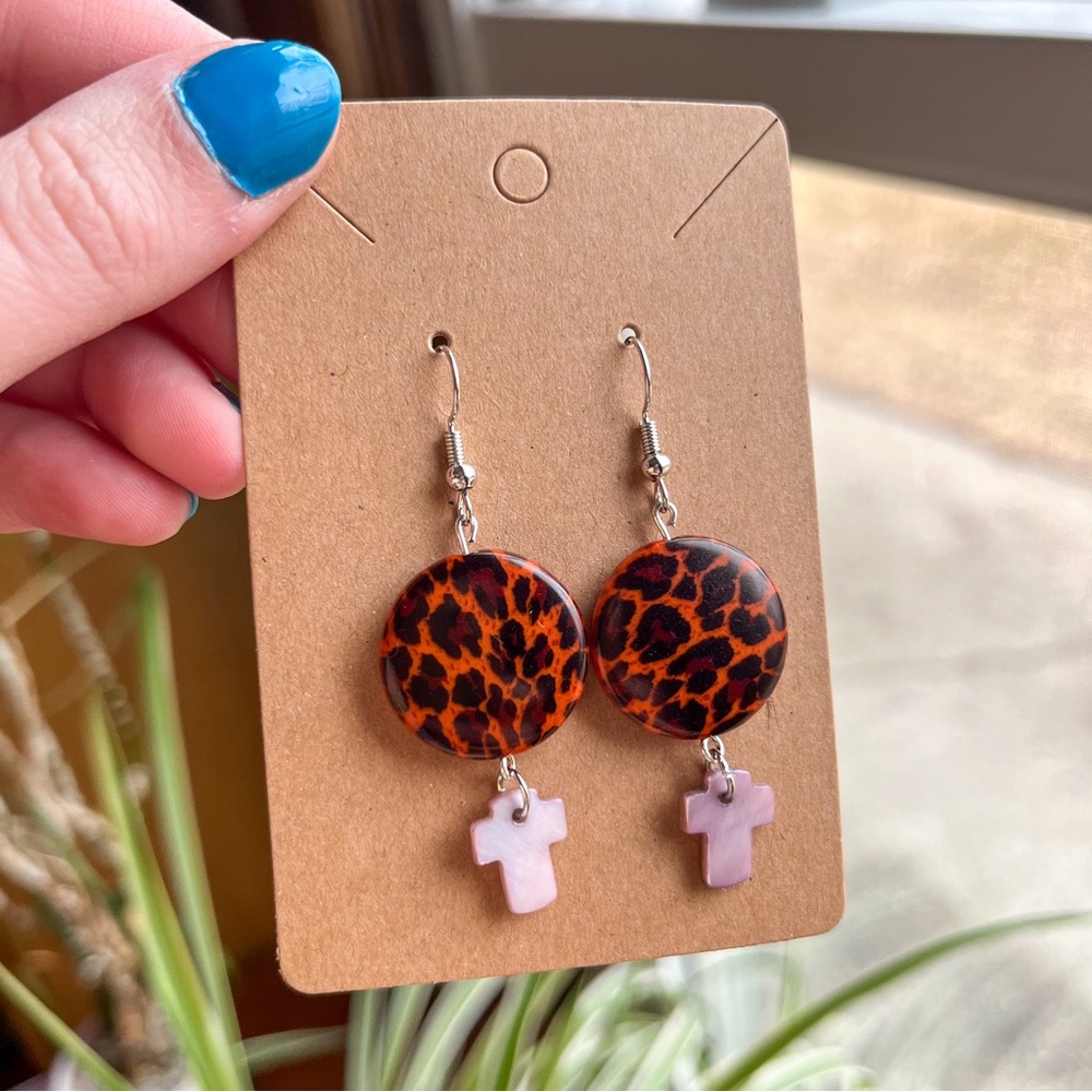 Leopard Print & Pink Cross Earrings